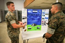 U.S. Marines with the Chemical Biological Incident Response Force (CBIRF) participate in a CBIRF Hispanic Heritage Month celebration aboard Naval Support Facility Indian Head, Md., October 11, 2019. Some of the Marines at CBIRF put together posters to show different Hispanic countries and information about them. (Official USMC photos by SSgt Kristian S. Karsten)