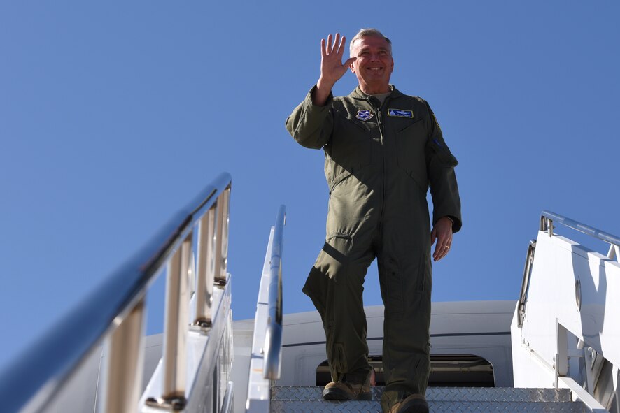 Maj. Gen. Ricky N. Rupp, Air Force District of Washington commander, departs the 13th KC-46A Pegasus delivered Oct. 11, 2019, at McConnell Air Force Base, Kan. The KC-46 has been serving alongside the KC-135 Stratotanker since the first arrival on January 25, 2019. (U.S. Air Force photo by Airman 1st Class Marc A. Garcia)