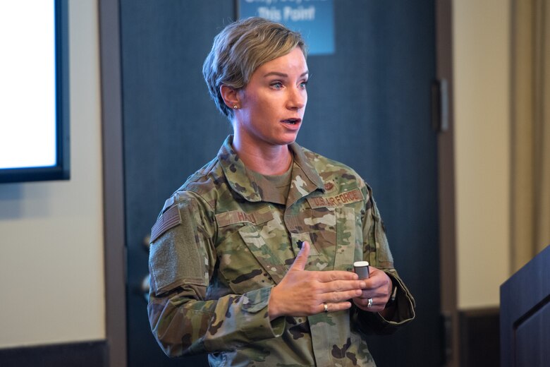 Lt. Col. Andrea Hall, 50th Space Wing Staff Judge Advocate, addresses 50th SW leadership during a training for session at Schriever AFB, Colorado, Oct. 15, 2019. Hall organized the training to help leadership learn more about military law and progressive discipline. Some of the topics discussed were rights advisement, inspections and searches, no-contact orders and military protective orders. (U.S. Air Force photo by Katie Calvert)