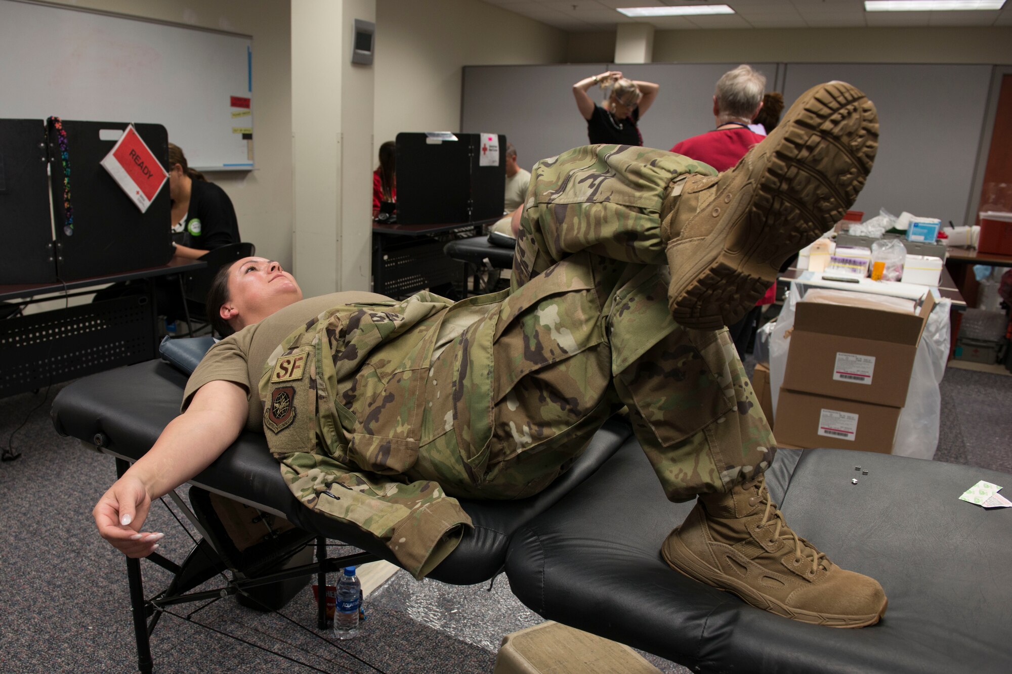 Master Sgt. Jessica Roy of the 103rd Airlift Wing, Connecticut Air National Guard, prepares to donate blood, September 26, 2019 at Bradley Air National Guard Base, East Granby, Conn. Members of the 103rd donated 44 pints of blood during the drive. (U.S. Air National Guard photo by Tech. Sgt. Tamara R. Dabney)