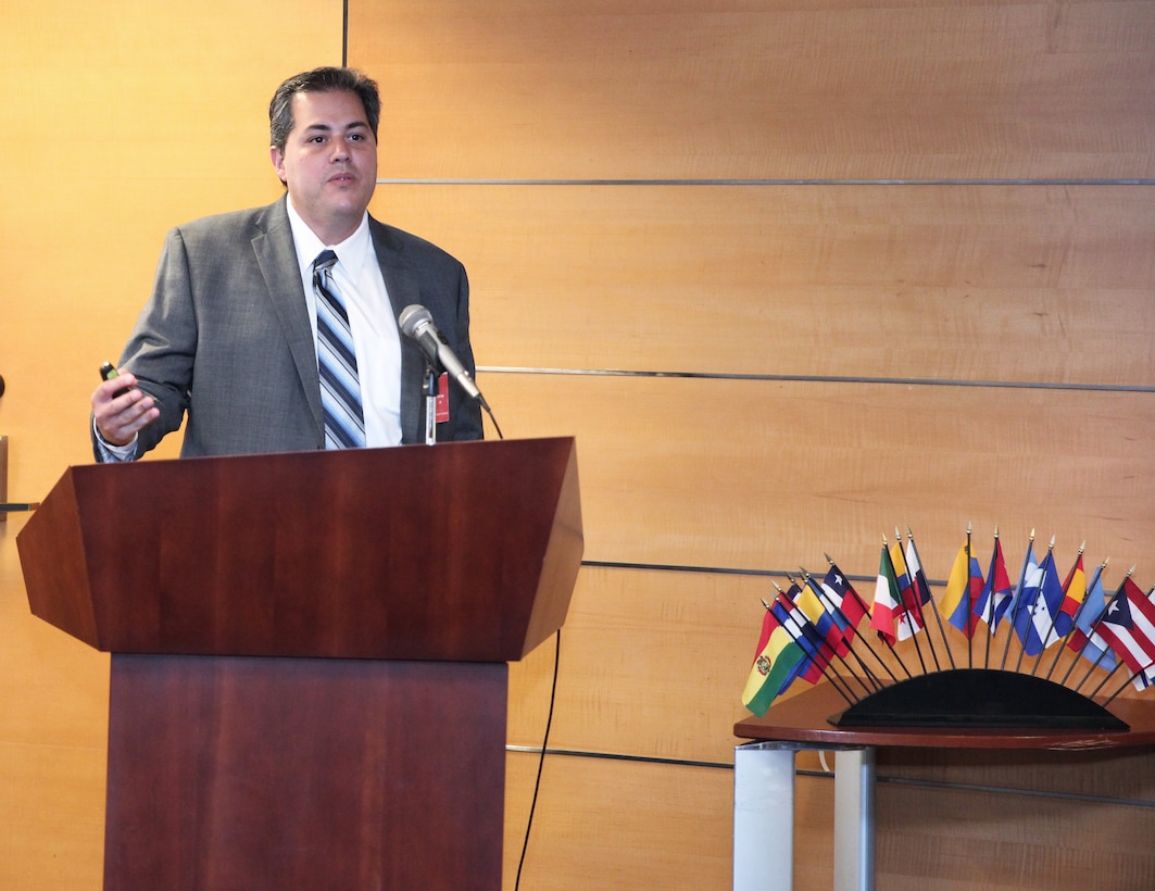 Gustavo Menezes, a professor in the College of Engineering, Computer Science and Technology at California State University, Los Angeles, speaks to attendees at the Sept. 19 Hispanic Heritage Month Observance at the U.S. Army Corps of Engineers Los Angeles District headquarters building in downtown LA. The theme of the event was, “Honoring Hispanic Americans: Essential to the Blueprint of the Nation.” Menezes discussed the strategic plan to increase graduating rates for students in the College of ECST at the university. He also discussed the college’s First Year Experience program for incoming freshman