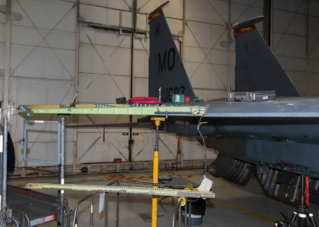 A repair item called a spar rests inside the leading edge wing of an F-15E Strike Eagle, Oct 4, 2019, at Mountain Home Air Force Base, Idaho. The spar is a part of the frame work for the leading edge wing of the F-15E. (U.S. Air Force photo by Senior Airman Tyrell Hall)