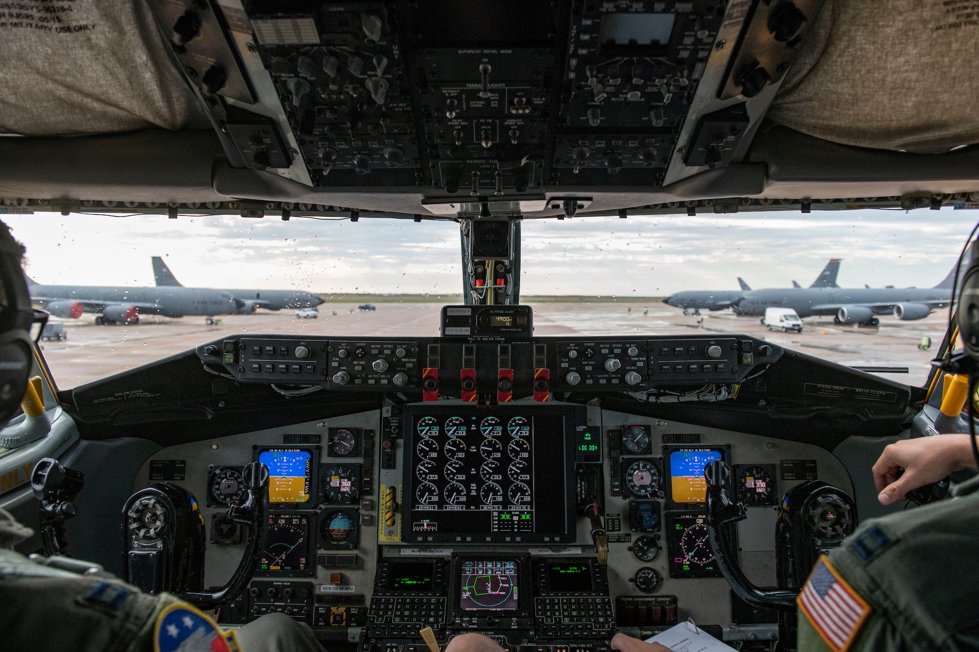 U.S. Air Force Capt. Ethan Cross (left), and U.S. Air Force Capt. Nick Flaute, KC-135 Stratotanker pilots assigned to the 54th Air Refueling Squadron, taxi out to the runway during an air defense exercise, October 9, 2019, at Altus Air Force Base, Okla.