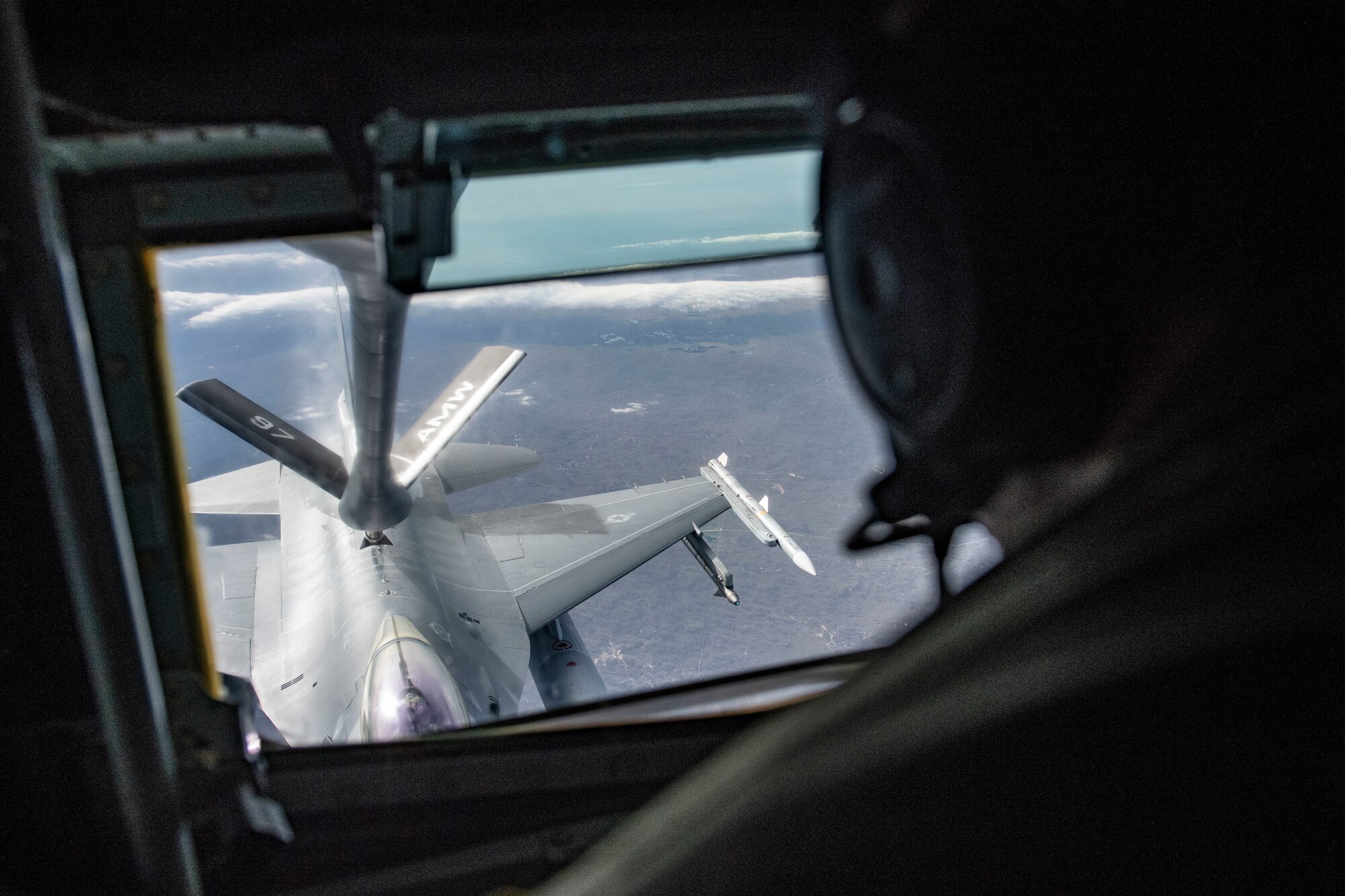 An F-16 Fighting Falcon is refueled by a KC-135 Stratotanker after exercise completion, October 9, 2019, at Altus Air Force Base, Okla.
