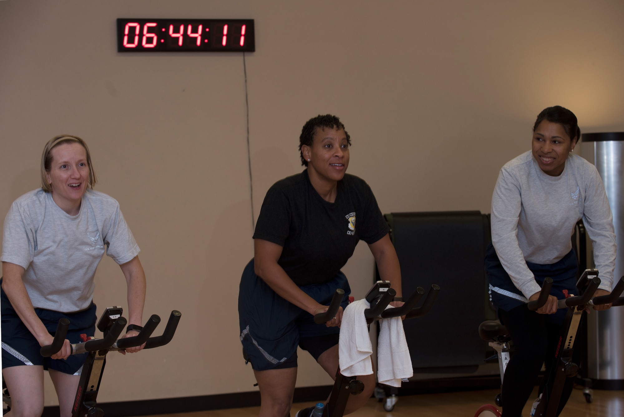 Col. Chrystal Henderson, commander of the 509th Medical Group, and other 509th MDG leaders, participate in a cycling class on October 10, 2019, at Whiteman Air Force Base, Missouri. The class served as part of the Health and Readiness Optimization (HeRO) strategy, an initiative newly adopted by the Air Force to address targets for health improvements in areas such as physical activity, nutrition, sleep and nicotine cessation. (U.S. Air Force photo by Staff Sgt. Kayla White)