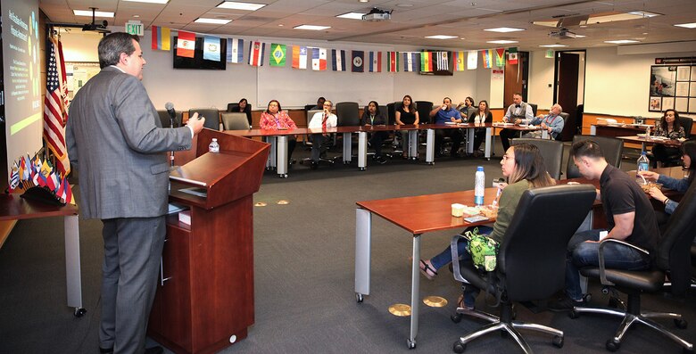 Gustavo Menezes, a professor in the College of Engineering, Computer Science and Technology at California State University, Los Angeles, speaks to attendees at the Sept. 19 Hispanic Heritage Month Observance at the U.S. Army Corps of Engineers Los Angeles District headquarters building in downtown LA. The theme of the event was, “Honoring Hispanic Americans: Essential to the Blueprint of the Nation.” Menezes discussed the strategic plan to increase graduating rates for students in the College of ECST at the university. He also discussed the college’s First Year Experience program for incoming freshman