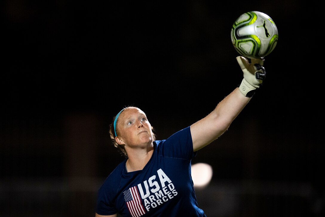 Air Force 2nd Lt Jennifer Hiddink of the Women’s Armed Forces Soccer Team  throws a ball from goal during warm ups for a scrimmage match against a women’s soccer club in San Juan Capistrano, Calif., Oct. 9, 2019.