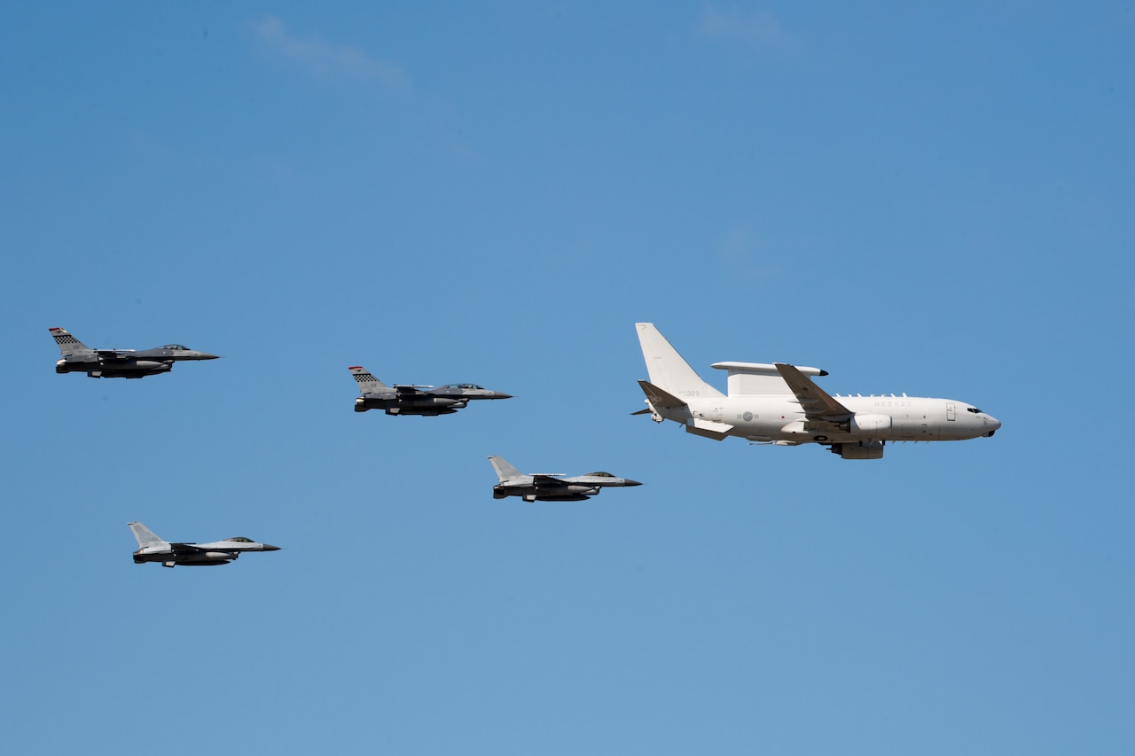 Jets fly in a formation.