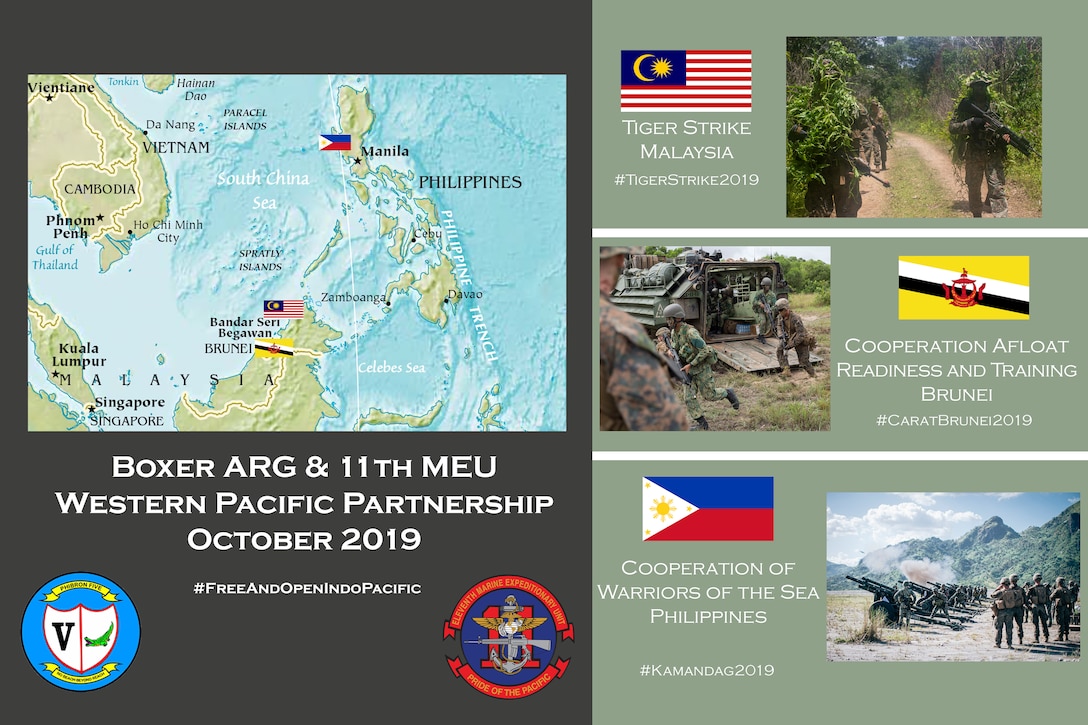 191017-M-MI961-2001 SOUTH CHINA SEA (Oct. 17, 2019) Digital art and photos were used for this layout and design to inform an online audience via social media about the role of the 11th Marine Expeditionary Unit in the 7th Fleet area of operations. The Marines and Sailors of the 11th MEU are deployed to the 7th Fleet area of operations to support regional stability, reassure partners, and allies, and maintain a presence postured to respond to any crisis ranging from humanitarian assistance to contingency operations. (U.S. Marine Corps graphic illustration by Lance Cpl. Jared Sabins)
