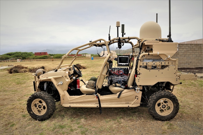 A Networking-On-the-Move Utility Task Vehicle prototype was one of the emerging capabilities used during the Island Marauder event Sept. 23, 2019, at Marine Corps Base Hawaii, Kaneohe Bay. The NOTM UTV prototype provides wireless satellite communication capabilities to Marines using a smaller, lighter footprint than the traditional Humvee NOTM vehicle. (U.S. Marine Corps photo by Ashley Calingo)