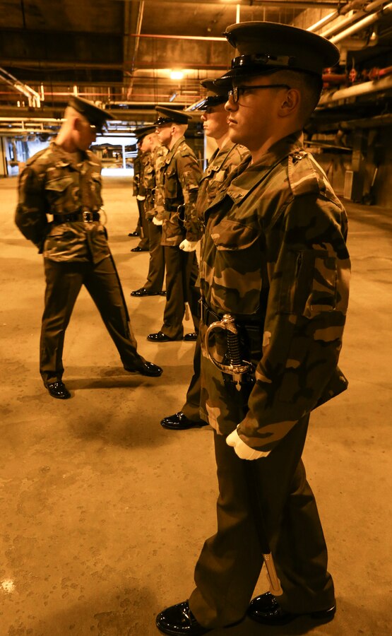 Marines with Marine Barracks Washington D.C. practice during Ceremonial Drill School at Marine Barracks Washington, D.C., Oct. 16, 2019. Each year, the Marines spend countless hours perfecting Barracks drill fundamentals in preparation for upcoming ceremonial commitments. (U.S. Marine Corps photo by Lance Cpl. Allen Sanders)