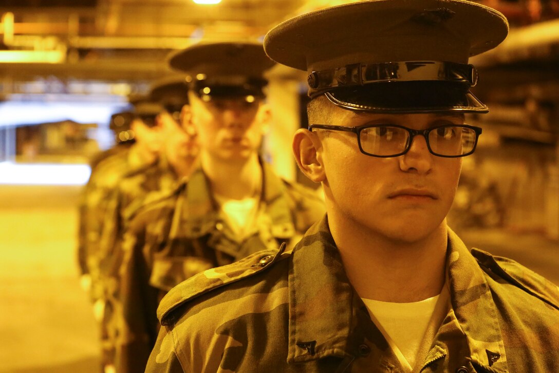 Marines with Marine Barracks Washington D.C. practice during Ceremonial Drill School at Marine Barracks Washington, D.C., Oct. 16, 2019. Each year, the Marines spend countless hours perfecting Barracks drill fundamentals in preparation for upcoming ceremonial commitments. (U.S. Marine Corps photo by Cpl. James Bourgeois)