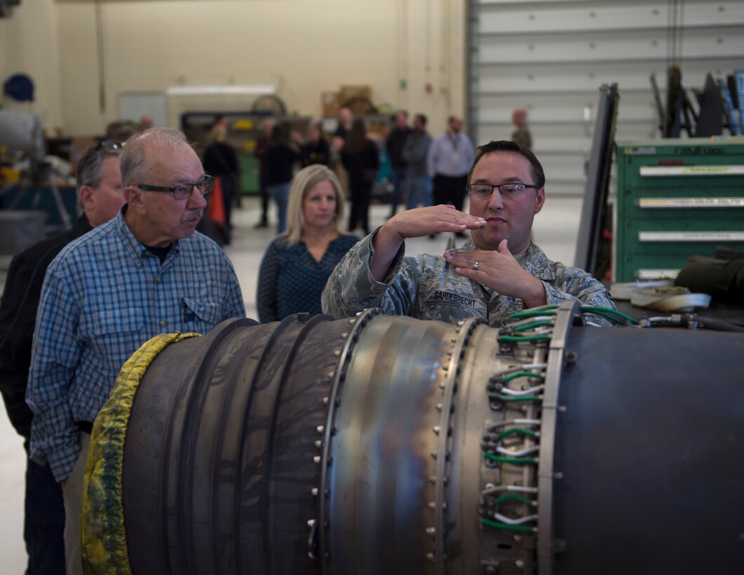 U.S. Air Force Senior Master Sgt. Brad Gardebrecht, 133rd Maintenance Group, talks about the T56A-15 engine for the C-130 Hercules in St. Paul, Minn., Oct. 8, 2019.