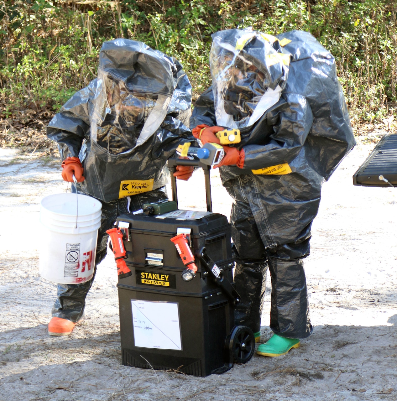 Two people in protective suits use a measuring tool.