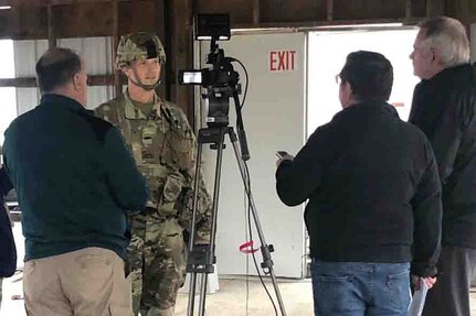 Brig. Gen. John Rhodes, the 29th Infantry Division deputy commanding general for operations, participates in a mock media interview during the Warfighter exercise Sept. 25-Oct. 11, 2019, at Fort Indiantown Gap, Pennsylvania.