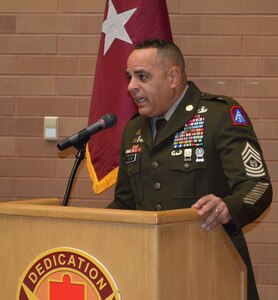 Command Sgt. Maj. Alberto Delgado, U.S. Army North command sergeant major and the senior enlisted leader for Joint Base San Antonio-Fort Sam Houston and JBSA-Camp Bullis, speaks during the Brooke Army Medical Center Hispanic Heritage celebration Oct. 11, 2019. This year’s theme is “Honoring Hispanic Americans: Essential to the Blueprint of Our Nation.”
