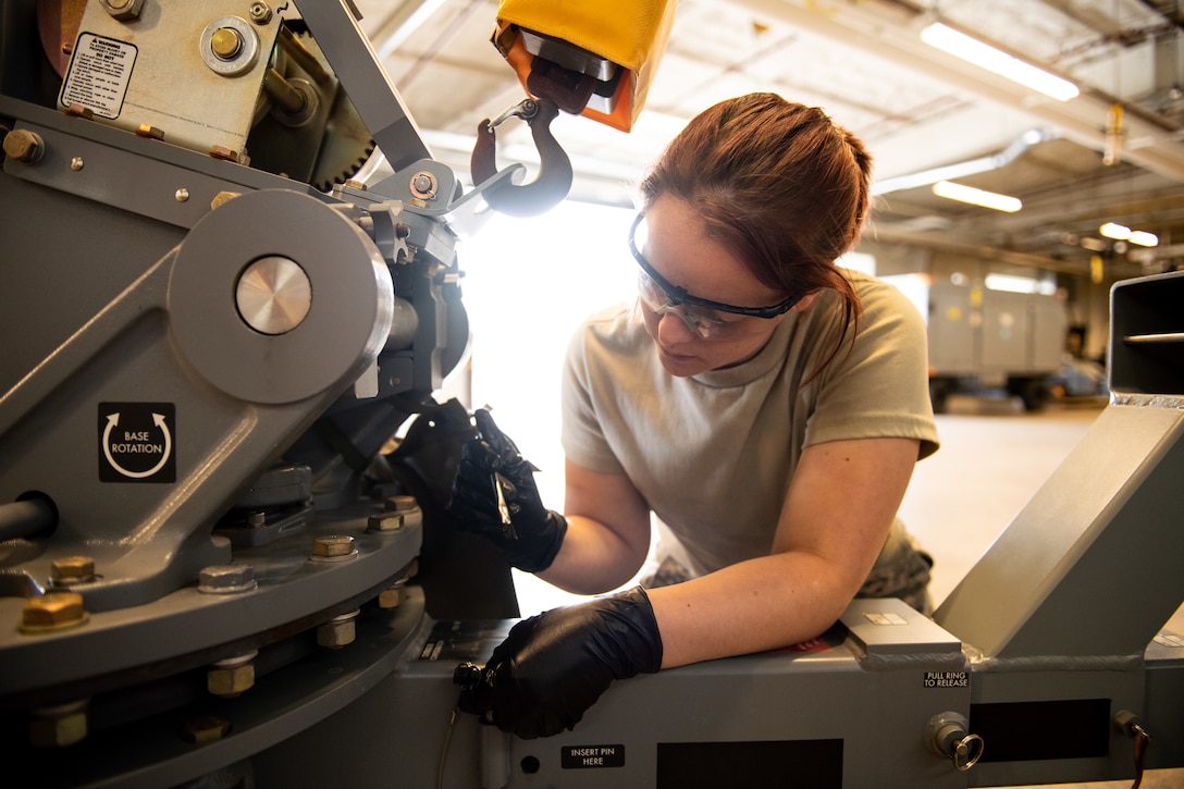 Airman 1st Class Morgan McClurg, 388th Aerospace Ground Equipment flight performs maintenance on a hoist at Hill Air Force Base, Utah, Oct. 4, 2019. Unit Airmen maintain over 600 pieces of equipment that support the mission of crew chiefs, avionics, weapons and ammo troops. (U.S. Air Force photo by R. Nial Bradshaw)