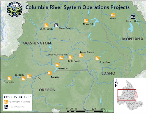 The 14 federal projects in the Columbia River System in the interior Columbia River Basin that make up the CRSO EIS.