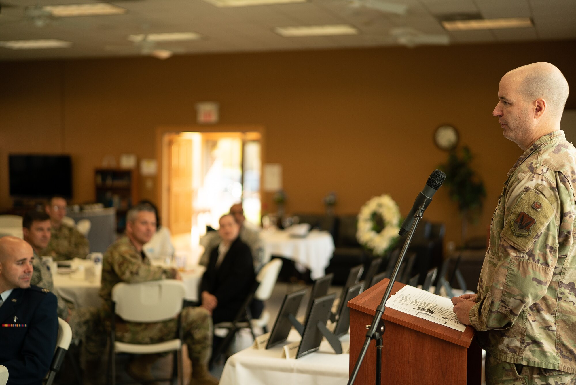 Col Bart Yates, 319th Reconnaissance Wing Vice Commander, provides closing comments during the prisoner of war and missing in action recognition day ceremony Sept. 25, 2019 on Grand Forks Air Force Base, North Dakota. Yates reflected on the POW MIA servicemembers who were from the Grand Forks Area and all others. (U.S. Air Force photo by Senior Airman Elijaih Tiggs)