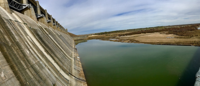 JOHN MARTIN RESERVOIR, Colo. – Photo of the stilling basin with water in it after the inspection and repairs were completed, April 9, 2019.