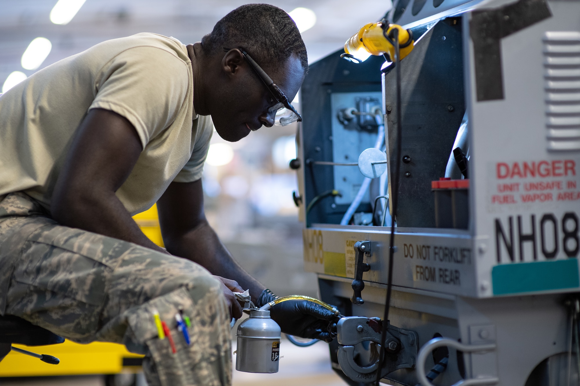 Airman 1st Class Michael Appiah, 388th Aerospace Ground Equipment Flight, performs maintenance on a mobile heater at Hill Air Force Base, Utah, Oct. 4, 2019. Unit Airmen maintain over 600 pieces of equipment that support the mission of crew chiefs, avionics, weapons and ammo troops. (U.S. Air Force photo by R. Nial Bradshaw)