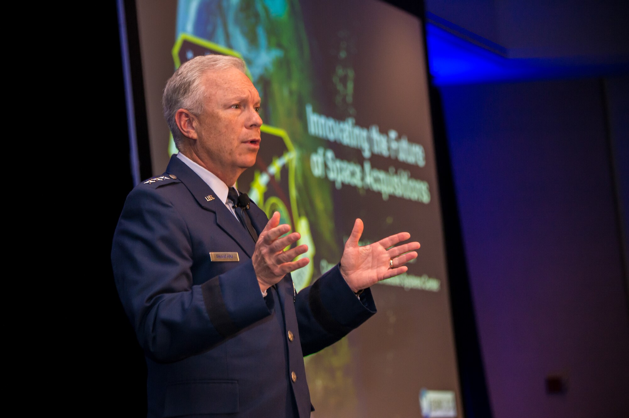 U.S. Air Force Lt. Gen. John F. Thompson, Space and Missile Systems Center commander and program executive officer for Space, speaks during Space Industry Days, Los Angeles, Calif., Oct. 16, 2019. Lt. Gen. Thompson emphasized the importance of speeding up the acquisition process and industrial partnership in developing, acquiring, and sustaining military space systems. Space Industry Days provide an opportunity for Air Force and industry professionals to discuss current and emerging opportunities.

(U.S. Air Force photo by Van De Ha)