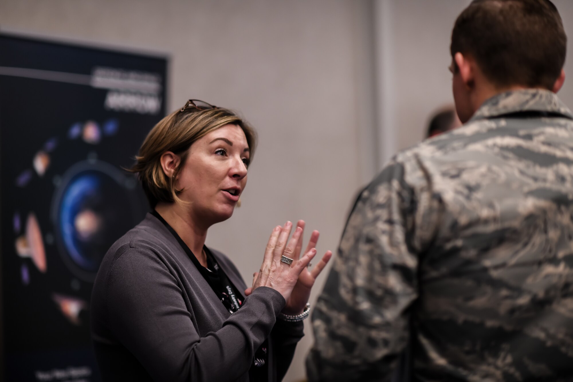 An industry vendor pitches products at the exhibitor displays during Space Industry Days, Los Angeles, Calif., Oct. 16, 2019. Space Industry Days provide an opportunity for Air Force and industry professionals to discuss current and emerging opportunities.

(U.S. Air Force photo by Van De Ha)