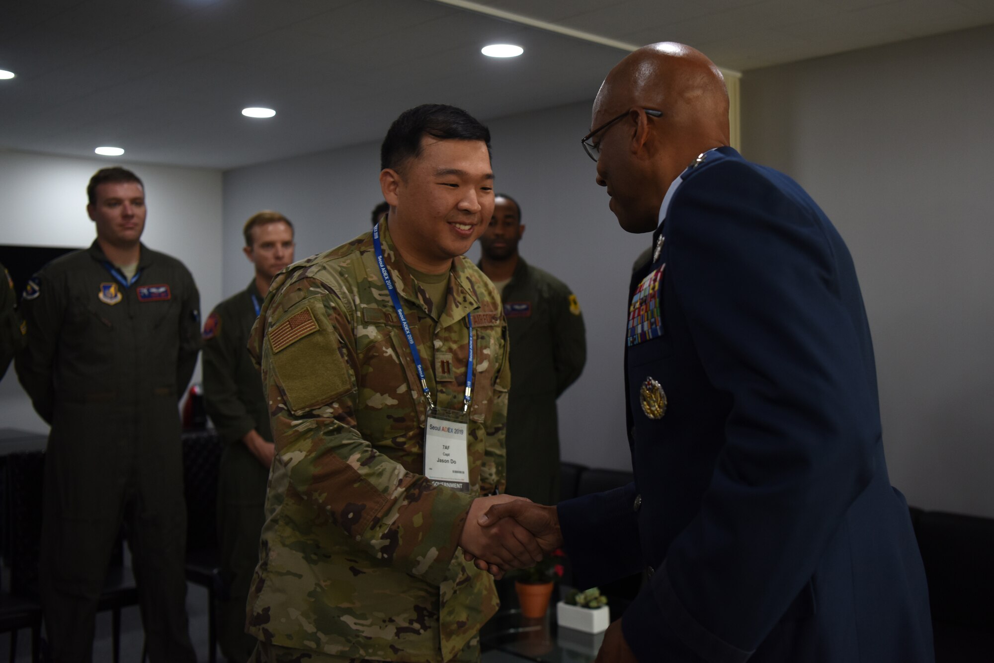 Gen. CQ. Brown, Jr., Pacific Air Forces commander, greets a U.S.Airman during the Seoul International Aerospace and Defense Exhibition 2019 at the Seoul Airport, Republic of Korea, October 16, 2019. Two PACAF Airmen were recognized for their instrumental roles in setting up U.S. participation at Seoul ADEX 2019. (U.S. Air Force photo by Senior Airman Denise M. Jenson)
