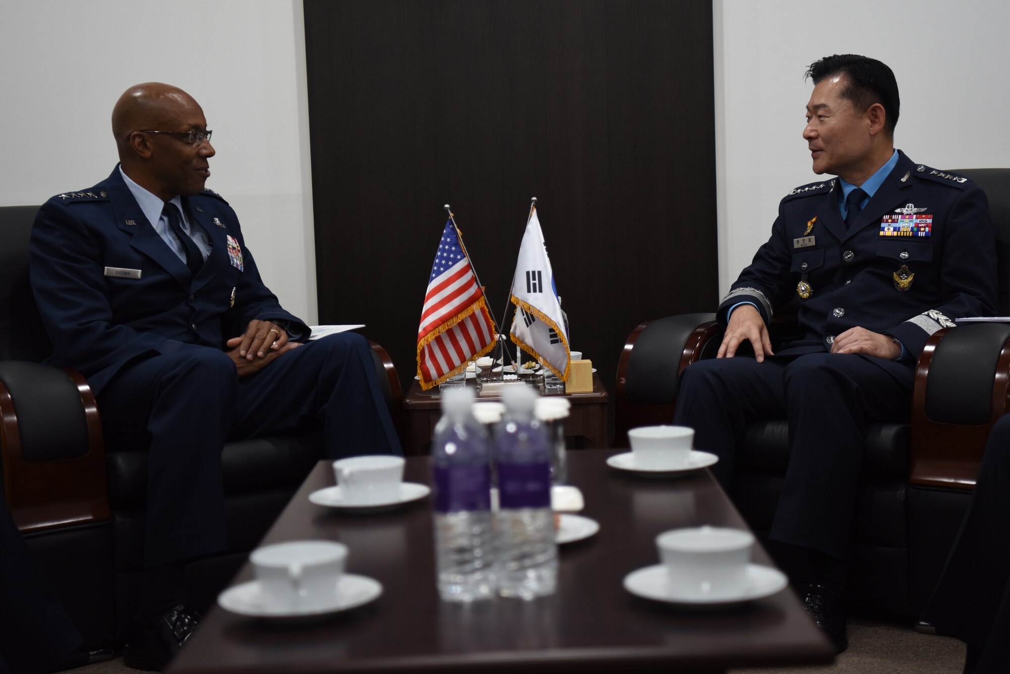 Gen. CQ. Brown, Jr., Pacific Air Forces commander, meets with Gen. Won In-Choul, Republic of Korea Air Force Chief of Staff, during a bilateral engagement at the Seoul International Aerospace and Defense Exhibition 2019 at the Seoul Airport, Republic of Korea, October 16, 2019. This year marked the 70th anniversary of the ROKAF and 70 years of unity between the U.S. and Republic of Korea air forces. Supporting airshows and other regional events allows the U.S. to demonstrate its commitment to the stability and security of the Indo-Pacific region. (U.S. Air Force photo by Senior Airman Denise M. Jenson)