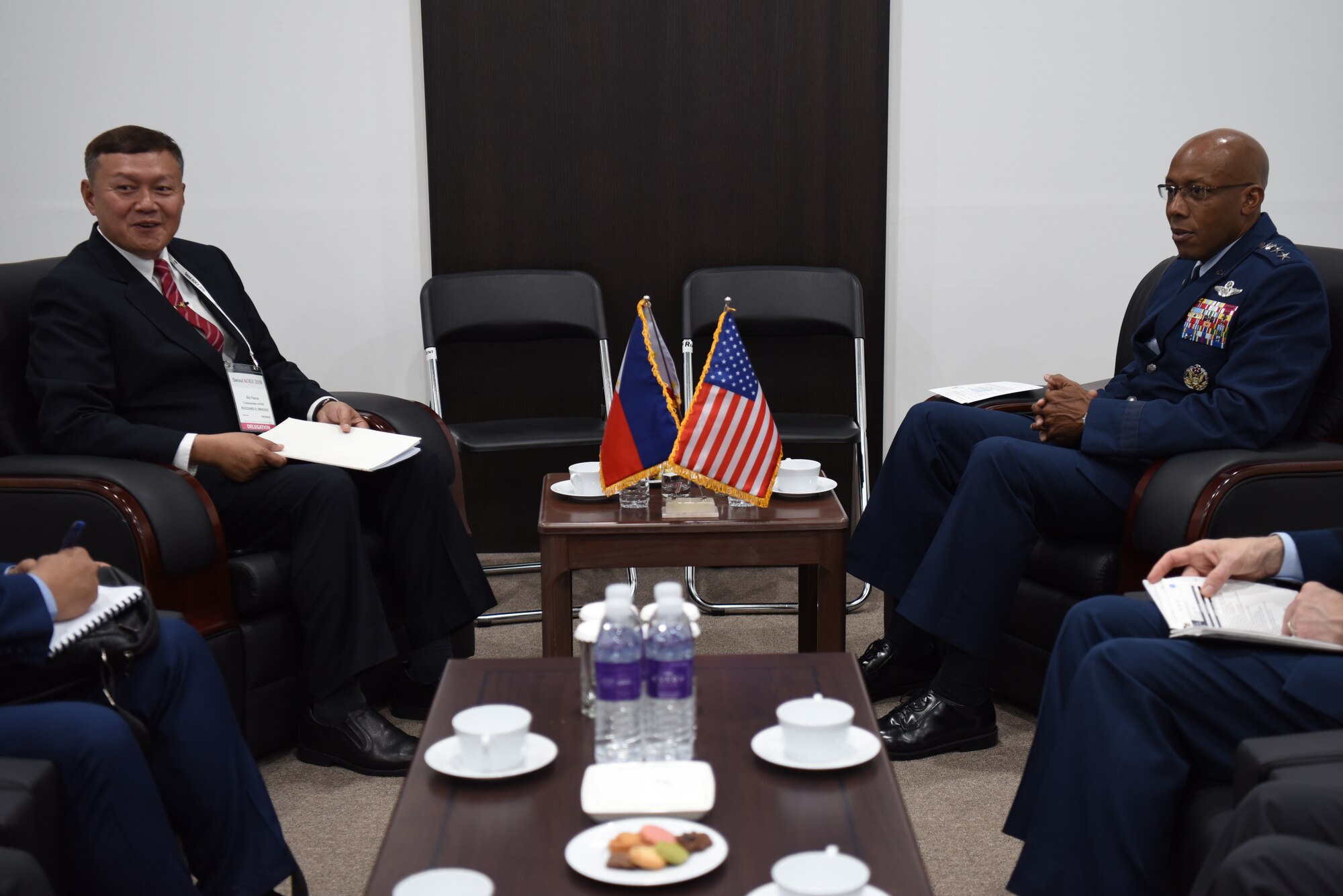 Gen. CQ. Brown, Jr., Pacific Air Forces commander,  meets with Lt. Gen. Rozonno Dosado Briguez, Philippine Air Forces Commanding General, during a bilateral engagement at the Seoul International Aerospace and Defense Exhibition 2019 at the Seoul Airport, Republic of Korea, October 16, 2019. Seoul ADEX 19 offers a venue to enhance regional security through expanded military-to-military cooperation and with regional partners and allies. (U.S. Air Force photo by Senior Airman Denise M. Jenson)