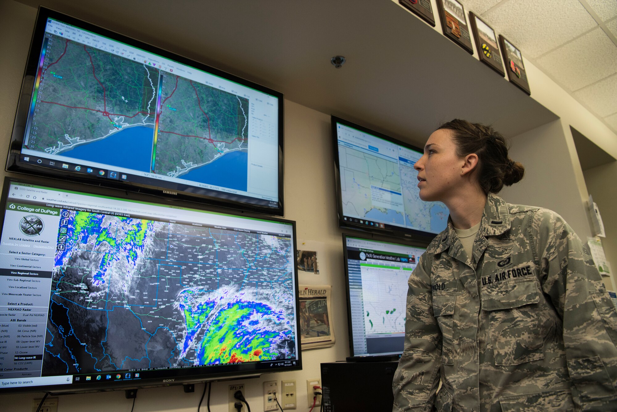 1st Lt. Veronica Arnold, 47th Operations Support Squadron weather flight commander, studies a weather model for the local area at Laughlin Air Force Base, Texas, Oct. 17, 2019. Arnold was chosen by wing leadership to be the "XLer of the Week" of Oct. 7, 2019. (U.S. Air Force photo by Senior Airman Marco A. Gomez)