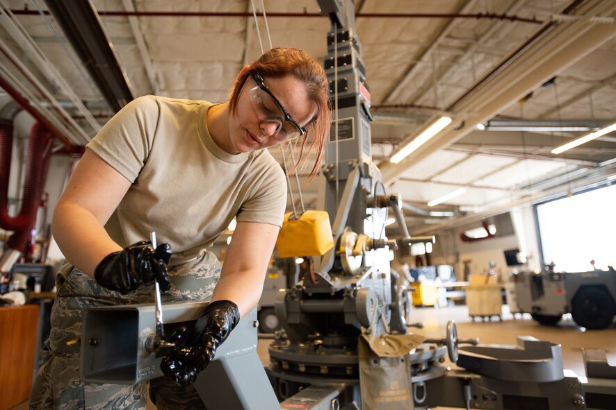 Airman 1st Class Morgan McClurg, 388th Aerospace Ground Equipment flight performs maintenance on a hoist at Hill Air Force Base, Utah, Oct. 4, 2019. Unit Airmen maintain over 600 pieces of equipment that support the mission of crew chiefs, avionics, weapons and ammo troops. (U.S. Air Force photo by R. Nial Bradshaw)