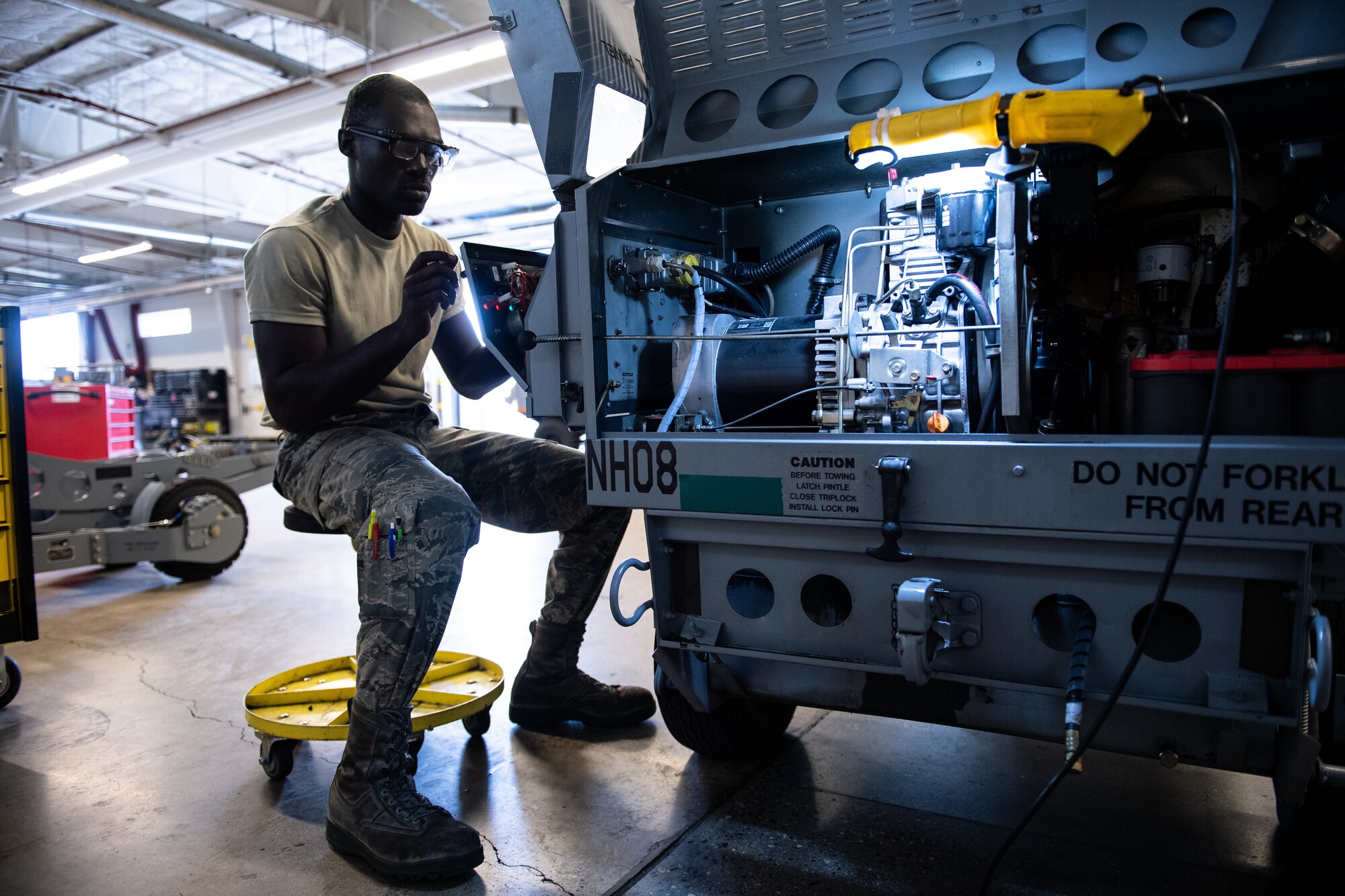 Airman 1st Class Michael Appiah, 388th Aerospace Ground Equipment Flight, performs maintenance on a mobile heater at Hill Air Force Base, Utah, Oct. 4, 2019. Unit Airmen maintain over 600 pieces of equipment that support the mission of crew chiefs, avionics, weapons and ammo troops. (U.S. Air Force photo by R. Nial Bradshaw)