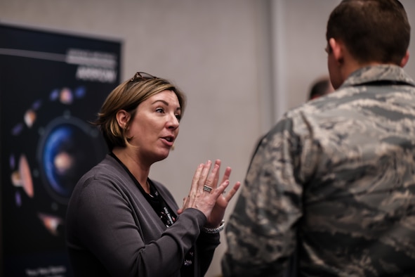 An industry vendor pitches products at the exhibitor displays during Space Industry Days, Los Angeles, Calif., Oct. 16, 2019. Space Industry Days provide an opportunity for Air Force and industry professionals to discuss current and emerging opportunities.

(U.S. Air Force photo by Van De Ha)