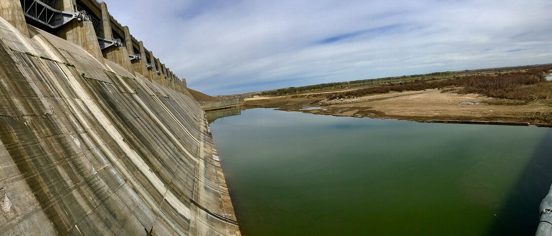 JOHN MARTIN RESERVOIR, Colo. – Photo of the stilling basin with water in it after the inspection and repairs were completed, April 9, 2019.