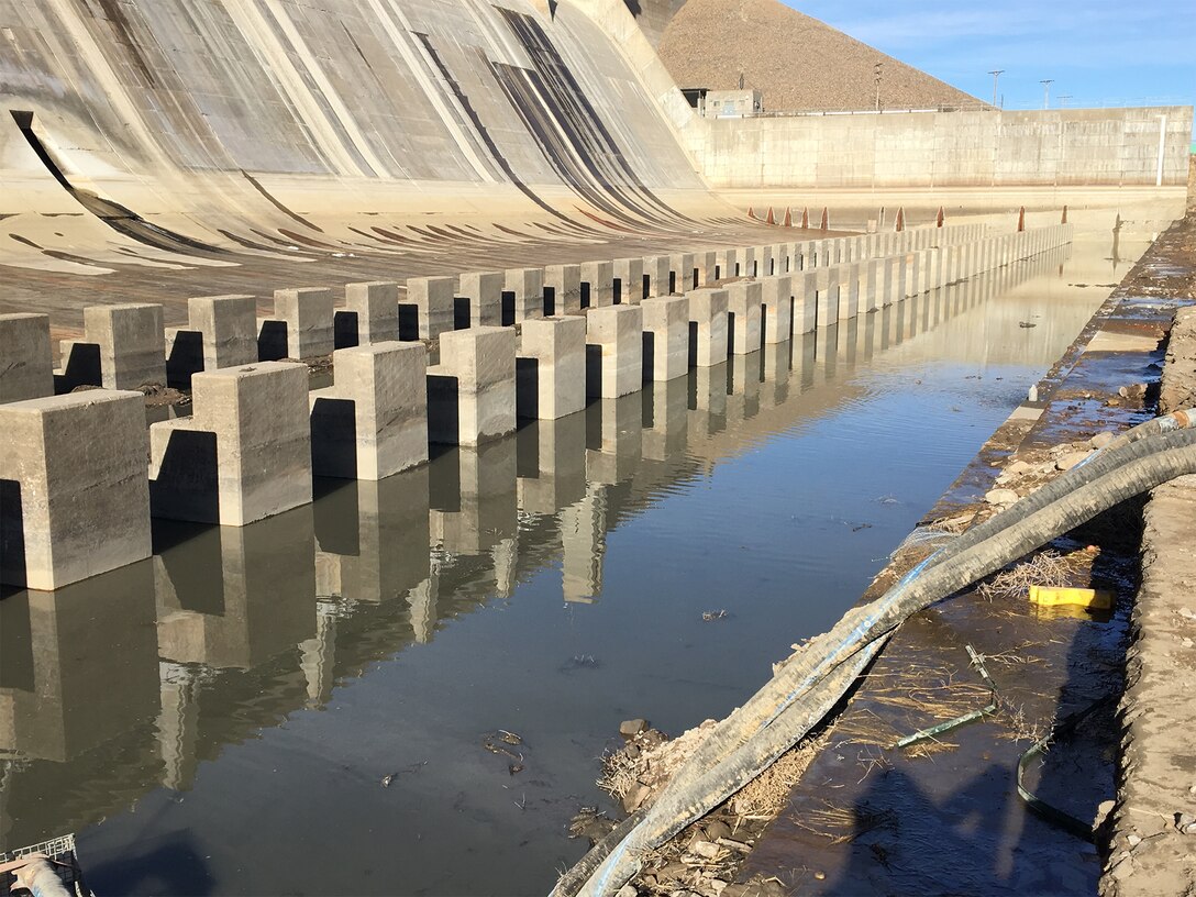 JOHN MARTIN RESERVOIR, Colo. – View of the stilling basin as seen from the end sill. The baffle blocks are on the left, on the right are pump lines to remove water from the basin. Photo taken Jan. 10, 2019.