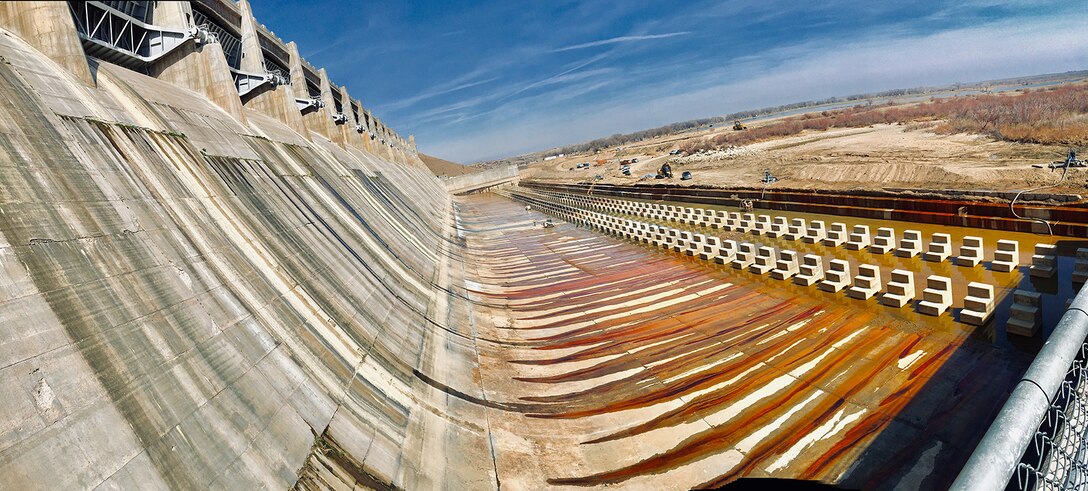 JOHN MARTIN RESERVOIR, Colo. – Photo of the dewatered stilling basin, March 26, 2019.