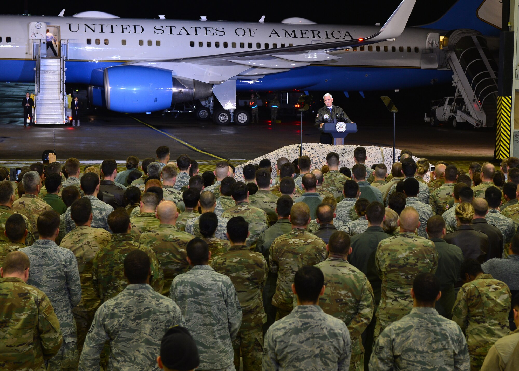 U.S. Vice President Mike Pence addresses Airmen at an all-call on Ramstein Air Base, Germany, Oct. 18, 2019. During the address, Pence acknowledged a successful negotiation with Turkey which resulted in a cease-fire in Syria. (U.S. Air Force photo by Staff Sgt. Jimmie D. Pike)