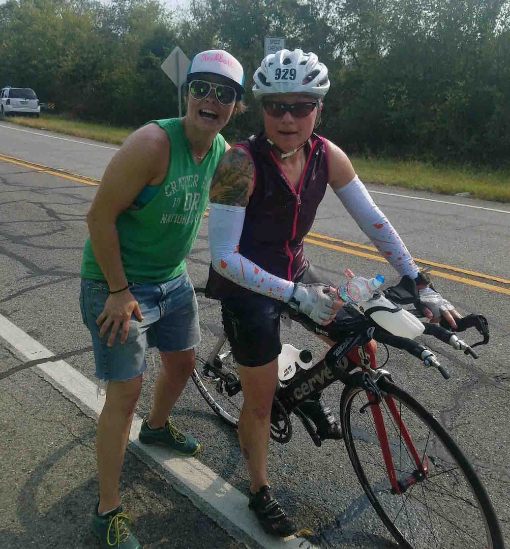 Senior Master Sgt. Bobbi Kennedy, 142nd Medical Group superintendent,  (right), poses with friend Rebekah Lemarr during the May 19, 2019, Ironman Triathlon in Chattanooga, Tennessee.