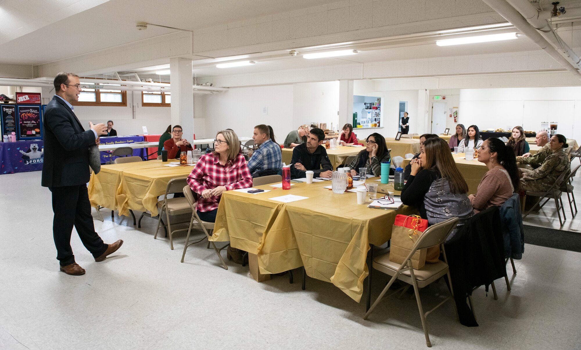 Military spouses and attendees participate in the JBER Spouse Symposium held at JBER, Alaska, Oct. 16, 2019. The symposium enhanced resiliency by focusing on reflective and active listening, navigating interpersonal conflict, and strengthening communication to facilitate strong relationships between romantic partners, friends and family members.