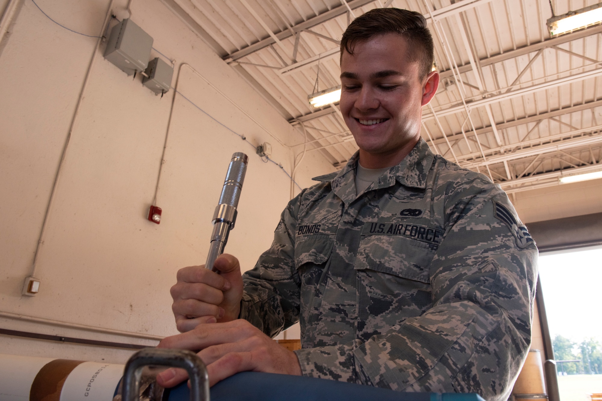 Senior Airman Blake Bonos, 23d Maintenance Squadron conventional maintenance technician, assembles munitions Oct. 17, 2019 , at Moody Air Force Base, Ga. The Munitions Flight Production Division is responsible for maintaining, inspecting, producing and delivering ammo to Moody’s munitions holding area. Following technical orders for operations and procedures allow the Airmen to minimize errors in their stock of over 52 million munitions, ensuring the fighter squadrons are prepared for future operations. (U.S. Air Force photo by Airman Elijah M. Dority)