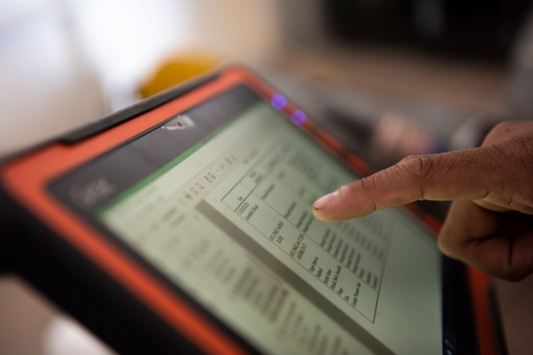 Senior Airman Vince Sharma, 23d Maintenance Squadron munitions systems specialist crew chief, reads a technical order Oct. 17, 2019, at Moody Air Force Base, Ga. The Munitions Flight Production Division is responsible for maintaining, inspecting, producing and delivering ammo to Moody’s munitions holding area. Following technical orders for operations and procedures allow the Airmen to minimize errors in their stock of over 52 million munitions, ensuring the fighter squadrons are prepared for future operations. (U.S. Air Force photo by Airman Elijah M. Dority)