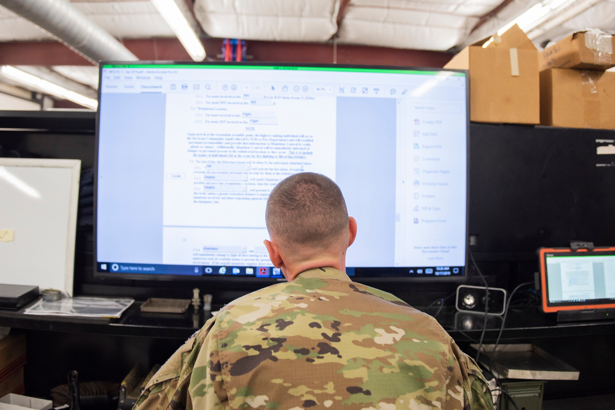 Staff Sgt. Nathan Deaton, 23d Maintenance Squadron Maintenance crew chief, reads a safety brief Oct. 17, 2019, at Moody Air Force Base, Ga. The Munitions Flight Production Division is responsible for maintaining, inspecting, producing and delivering ammo to Moody’s munitions holding area. Following technical orders for operations and procedures allow the Airmen to minimize errors in their stock of over 52 million munitions, ensuring the fighter squadrons are prepared for future operations. (U.S. Air Force photo by Airman Elijah M. Dority)