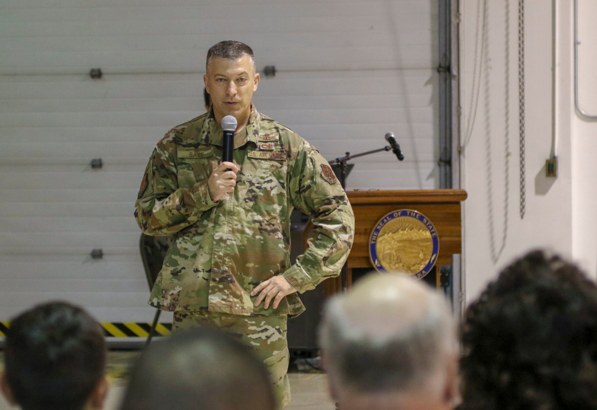 Brig. Gen. Torrence Saxe, the adjutant general of the Alaska National Guard, says a few words at a change of command ceremony for the Alaska State Defense Force on Joint Base Elmendorf-Richardson, October 16, 2019, where Col. John James relinquished command to Col. Simon Brown. Saxe presided over the ceremony.
