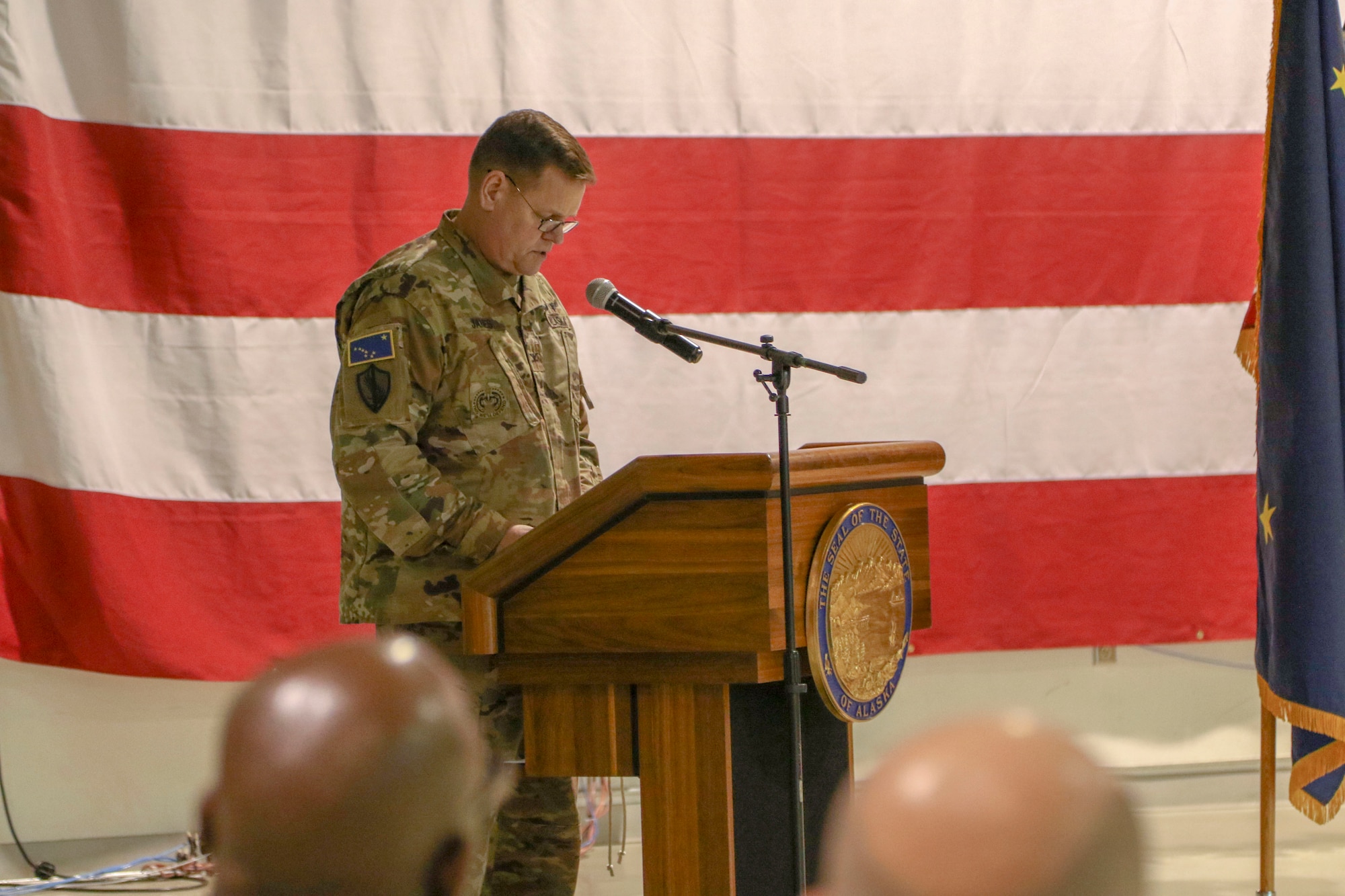 Col. John James says a few words at a change of command ceremony for the Alaska State Defense Force on Joint Base Elmendorf-Richardson, October 16, 2019, where James relinquished command to Col. Simon Brown. The ceremony was presided over by Brig. Gen. Torrence Saxe, the adjutant general of the Alaska National Guard.