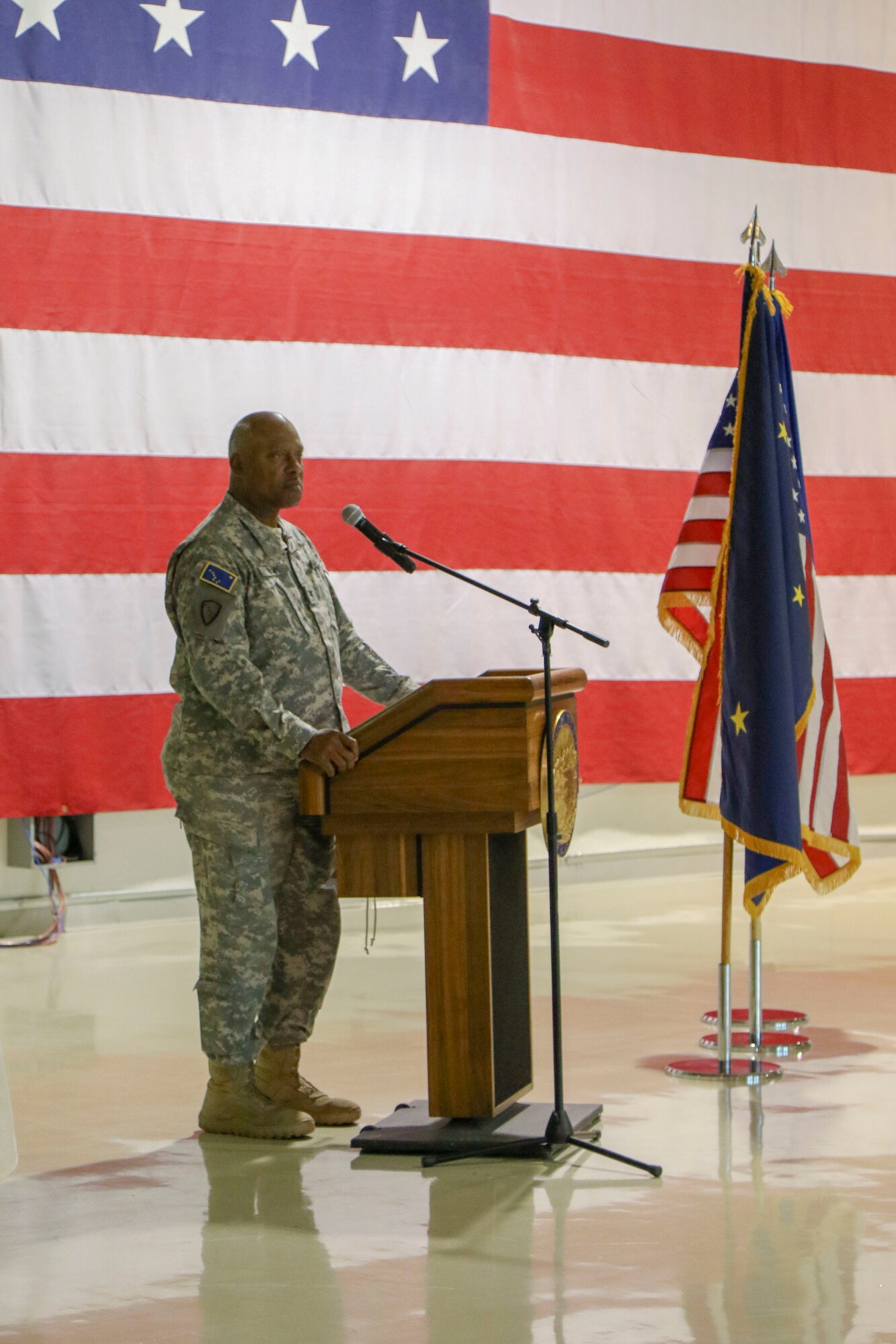 Col. Simon Brown says a few words at a change of command ceremony for the Alaska State Defense Force on Joint Base Elmendorf-Richardson, October 16, 2019, where Col. John James relinquished command to Brown. The ceremony was presided over by Brig. Gen. Torrence Saxe, the adjutant general of the Alaska National Guard.