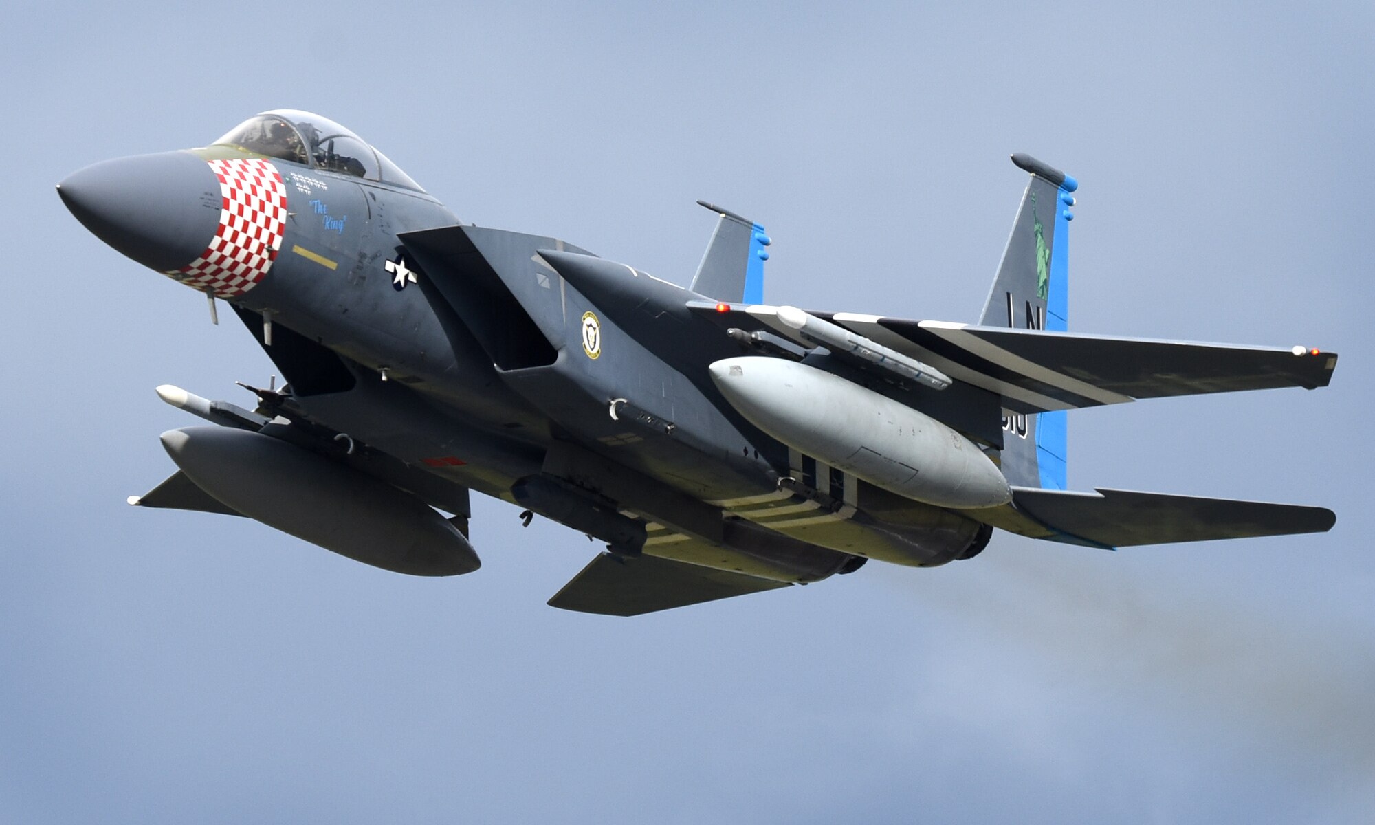 An F-15C Eagle assigned to the 493rd Fighter Squadron takes off on the flightline in support of exercise Ocean Sky at Royal Air Force Lakenheath, England, Oct. 18, 2019. Ocean Sky is an annual Spanish national fighter large force exercise that is essential to fighter combat readiness and improving interoperability among allied air forces.(U.S. Air Force photo by Airman 1st Class Madeline Herzog)