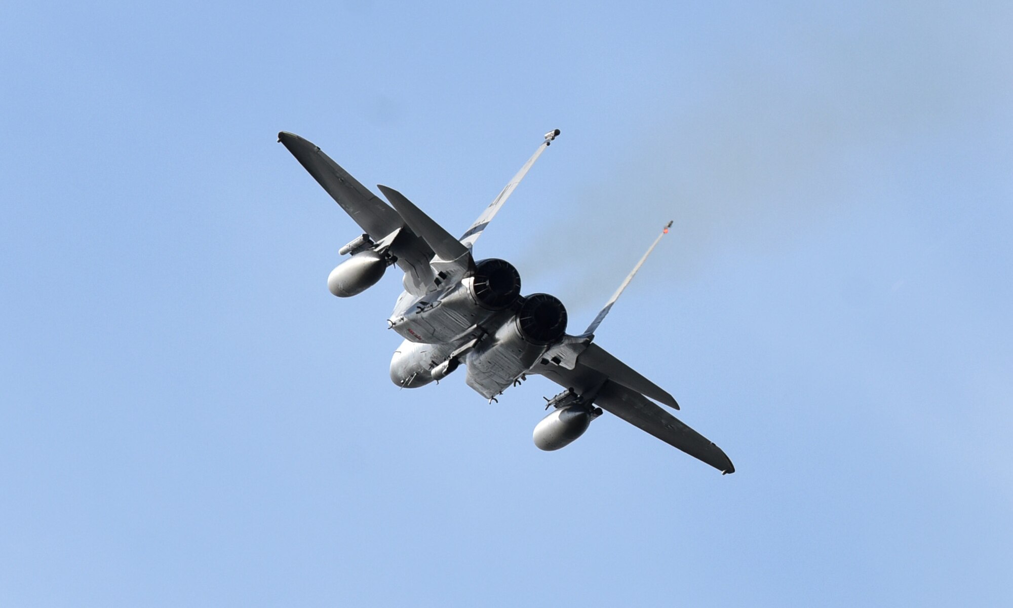 An F-15C Eagle assigned to the 493rd Fighter Squadron takes off on the flightline in support of exercise Ocean Sky at Royal Air Force Lakenheath, England, Oct. 18, 2019. Ocean Sky is an annual Spanish national fighter large force exercise that is essential to fighter combat readiness and improving interoperability among allied air forces. (U.S. Air Force photo by Airman 1st Class Madeline Herzog)