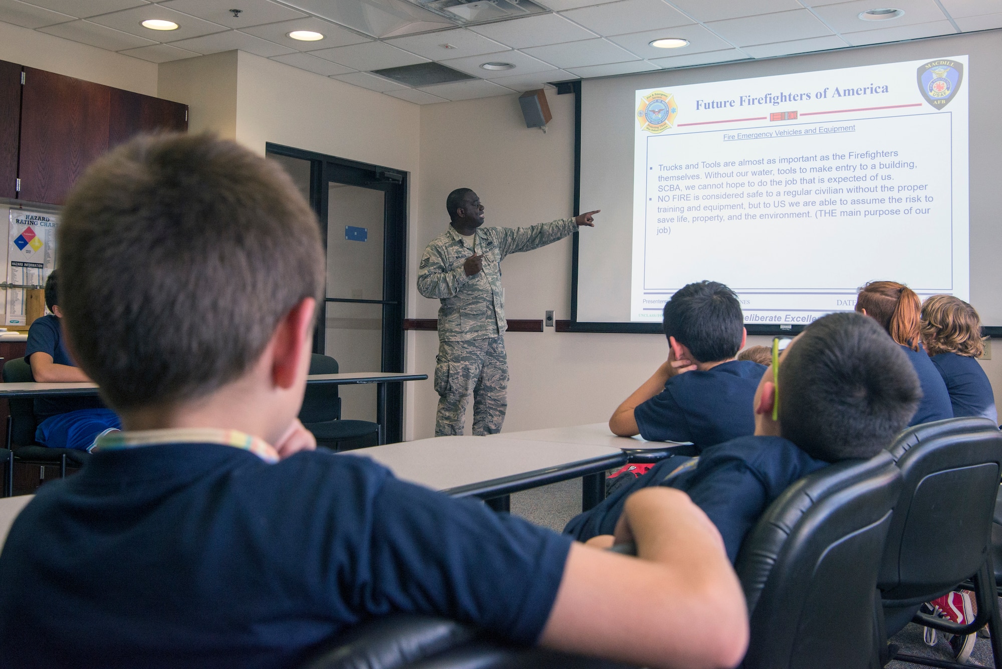 Tech. Sgt. Donald Walker, the 6th Civil Engineer Squadron (CES) Fire Emergency Services (FES) lead fire inspector, teaches kids about different firefighting equipment that firefighters use at MacDill Air Force Base, Fla., Oct. 15, 2019.