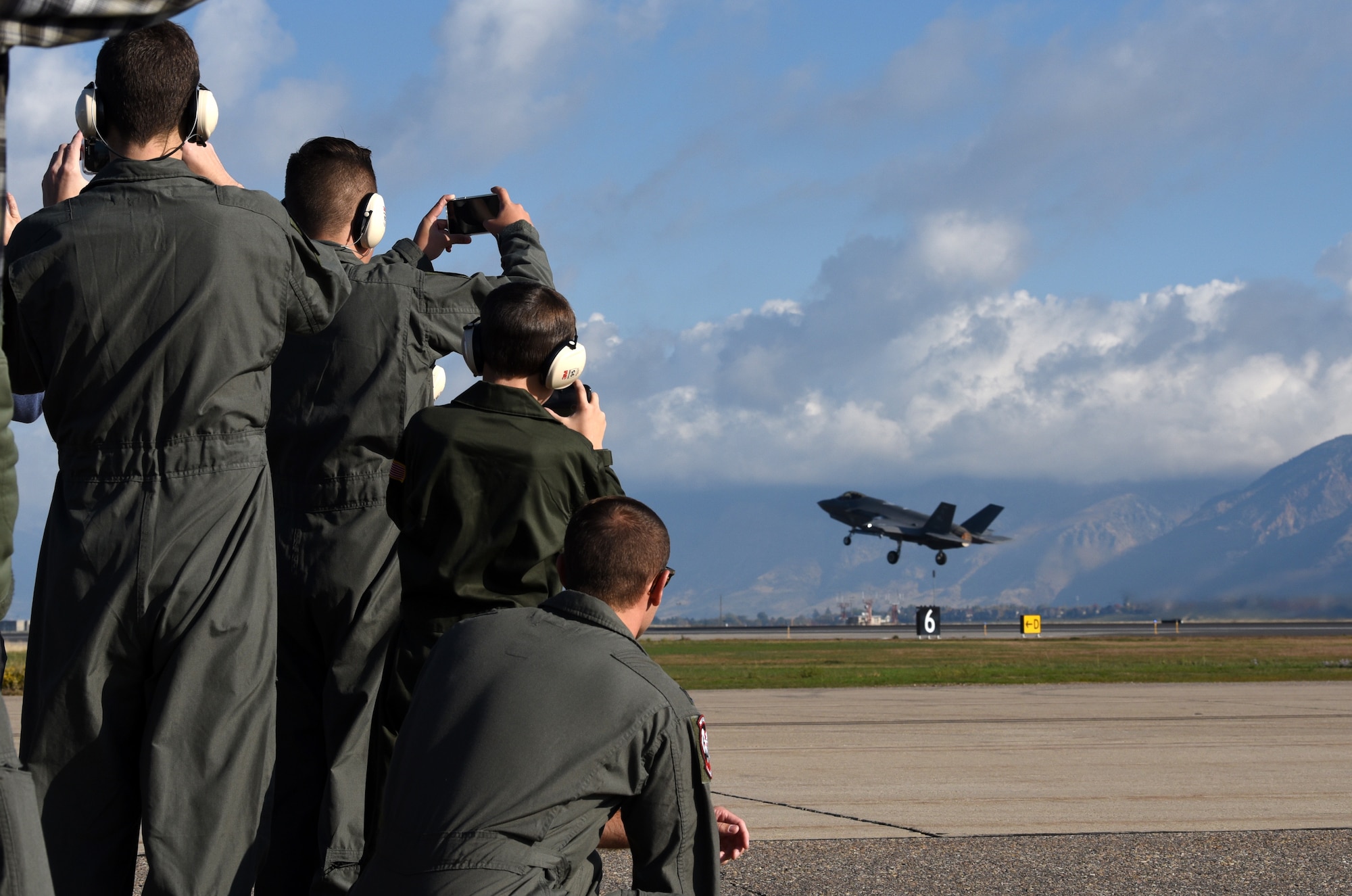 Children with Make-A-Wish Utah watch as an F-35A Lightning II takes off from Hill Air Force Base, Utah. The children visited the 388th Fighter Wing where they spent the day learning what it's like to be a pilot. They received flight suits, name tapes, patches, and wings. (U.S. Air Force photo by Micah Garbarino)
